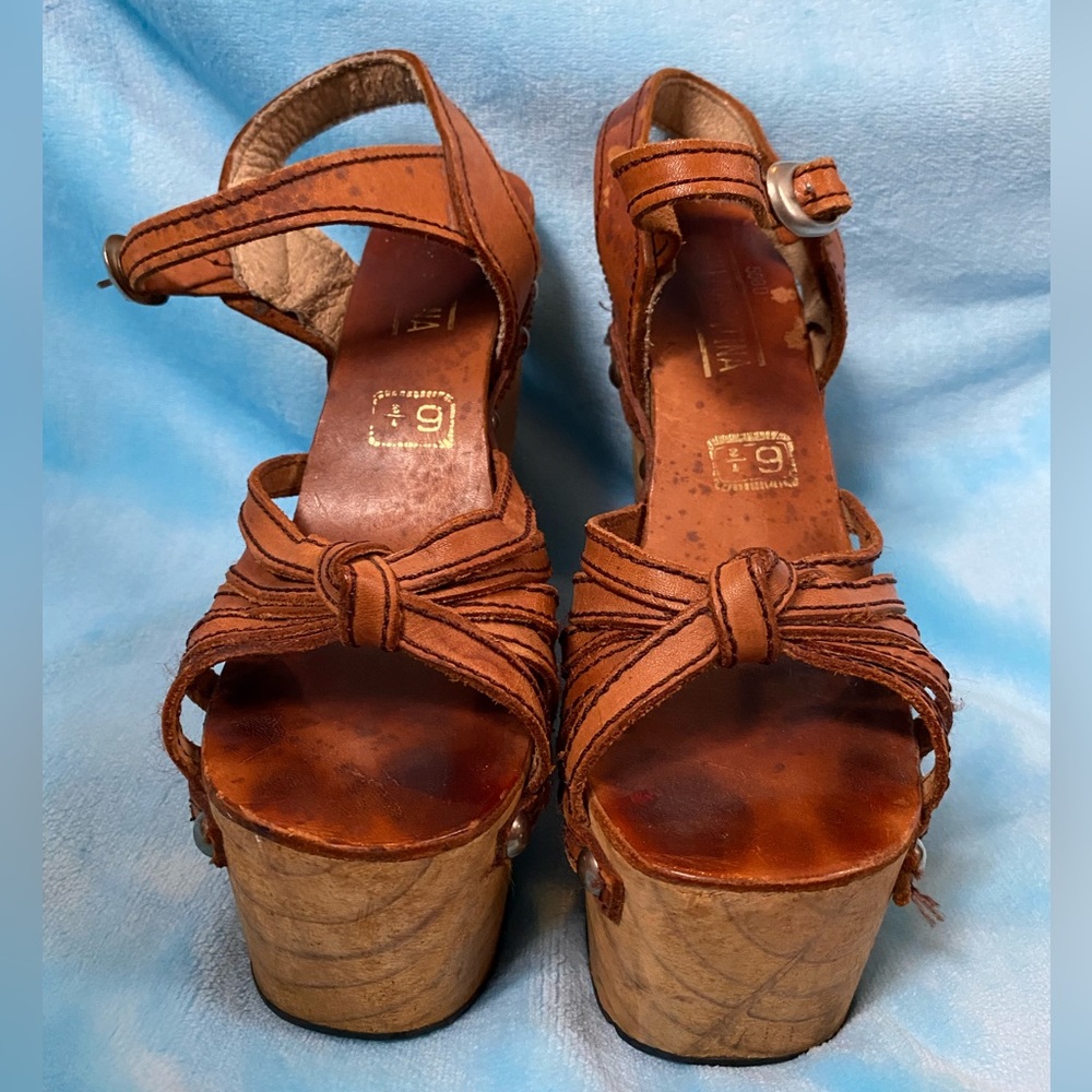 Vintage 70s 6.5 Wooden Platform Heels Sandals Leather 1970s Hippie Cher Disco - Picture 2 of 12